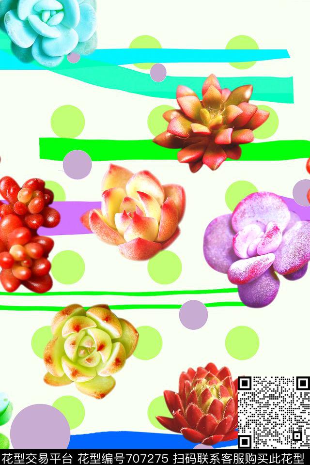 清爽风景夏装清爽大花手绘多肉植物数码印花华亿平台下载（图片编号: 707275） - 瓦栏（Walan）