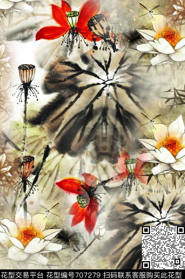 中国风民族风工笔画数码印花华亿平台下载（图片编号: 707279） - 瓦栏（Walan）