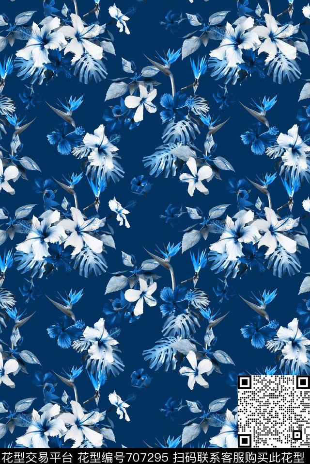 棕榈叶天堂鸟花热带数码印花华亿平台下载（图片编号: 707295） - 瓦栏（Walan）