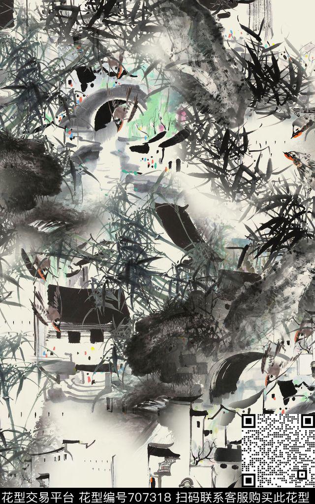 中国风墨竹房子数码印花华亿平台下载（图片编号: 707318） - 瓦栏（Walan）