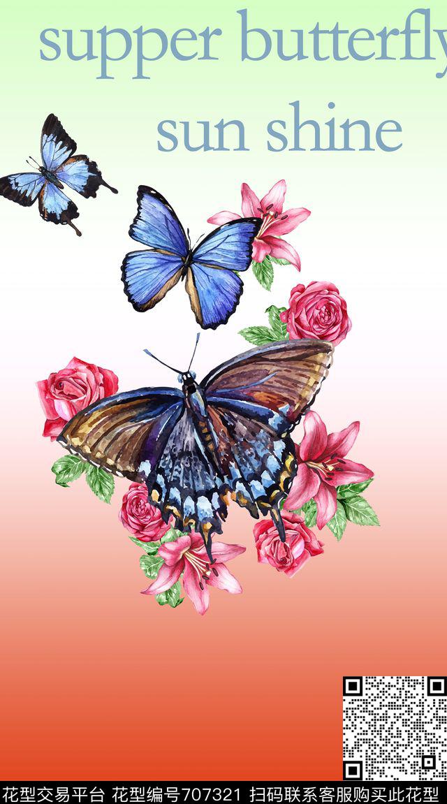昆虫蝴蝶花卉数码印花华亿平台下载（图片编号: 707321） - 瓦栏（Walan）