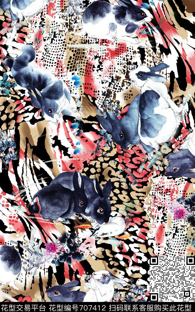 动物兔子豹纹数码印花华亿平台下载（图片编号: 707412） - 瓦栏（Walan）