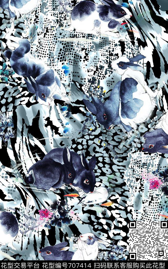 动物兔子豹纹数码印花华亿平台下载（图片编号: 707414） - 瓦栏（Walan）