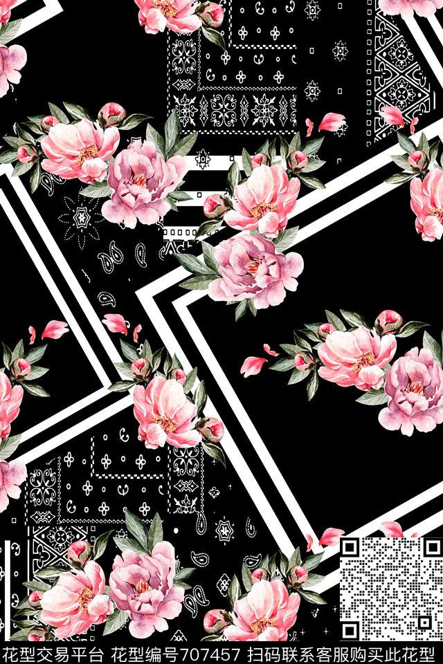 大花牡丹玫瑰数码印花华亿平台下载（图片编号: 707457） - 瓦栏（Walan）