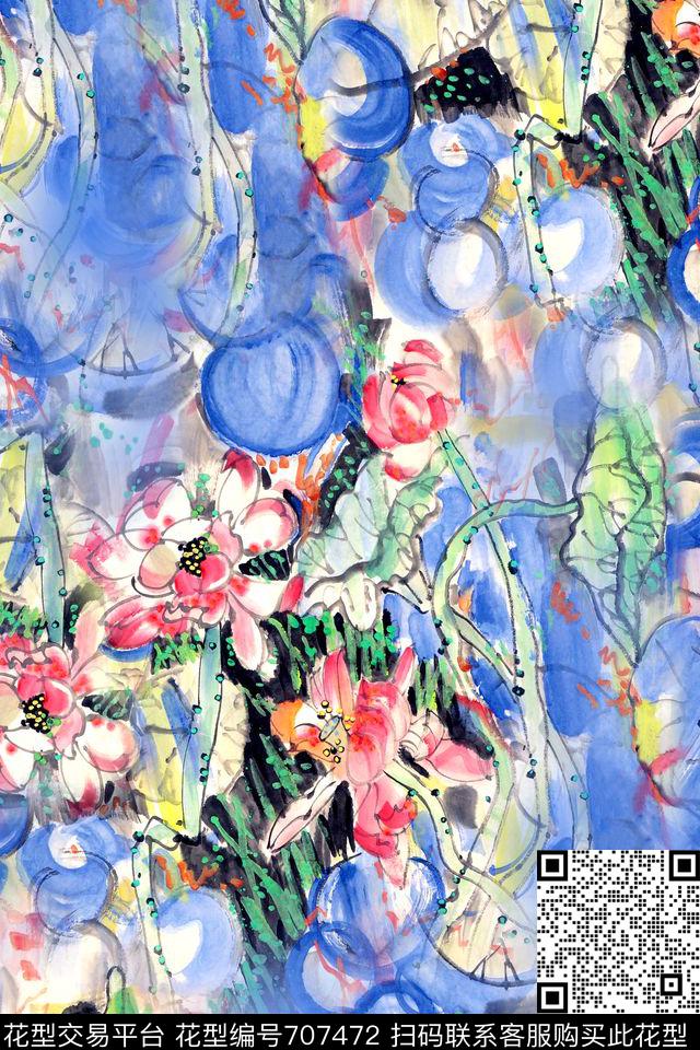 水彩花卉荷花数码印花华亿平台下载（图片编号: 707472） - 瓦栏（Walan）