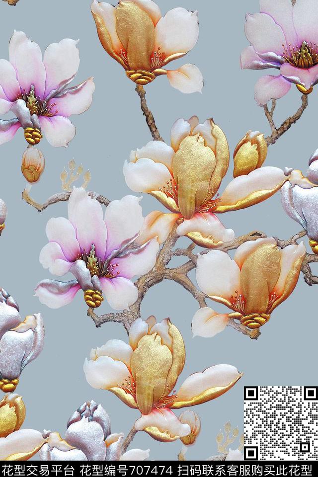 浮雕中国风玉兰花数码印花华亿平台下载（图片编号: 707474） - 瓦栏（Walan）