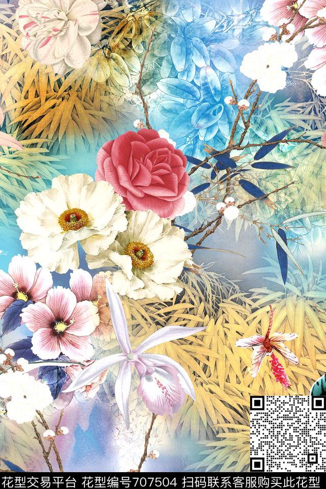 中国风工笔国画数码印花华亿平台下载（图片编号: 707504） - 瓦栏（Walan）