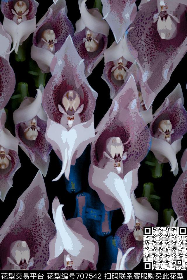 时尚抽象德古拉兰花青蓝雅韵系列传统印花华亿平台下载（图片编号: 707542） - 瓦栏（Walan）