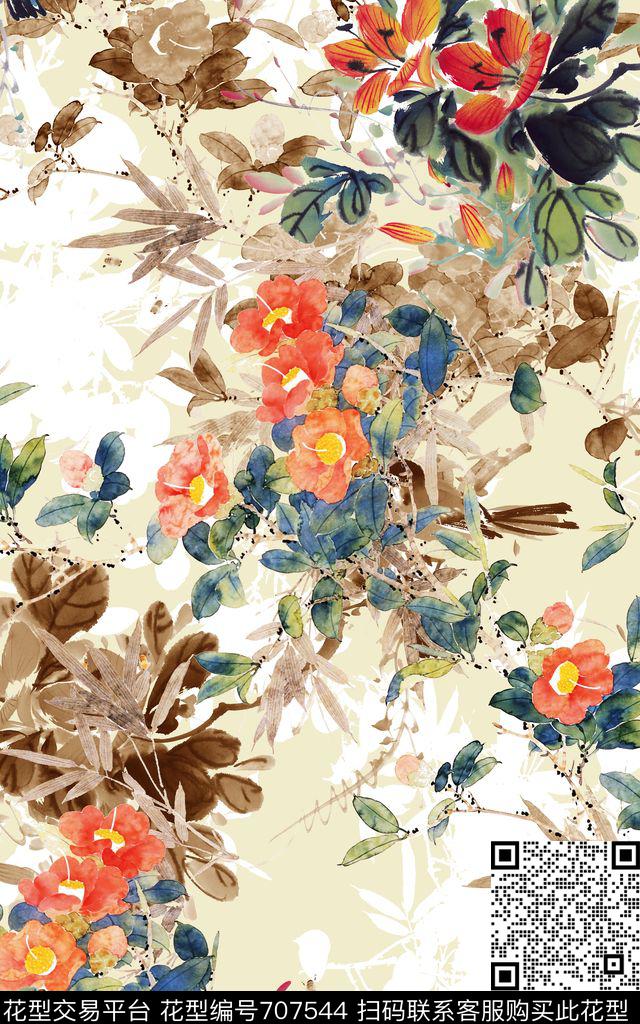 中国风国画花鸟数码印花华亿平台下载（图片编号: 707544） - 瓦栏（Walan）