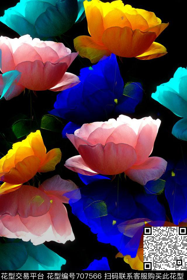 风格化花卉花卉组合花卉数码印花华亿平台下载（图片编号: 707566） - 瓦栏（Walan）