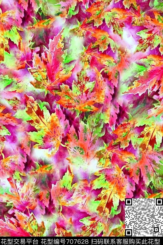 抽象手绘水彩植物叶子数码印花时尚潮流女装裙子春夏艳丽彩绘印花真丝雪纺绵布料印花数码印花华亿平台下载（图片编号: 707628） - 瓦栏（Walan）