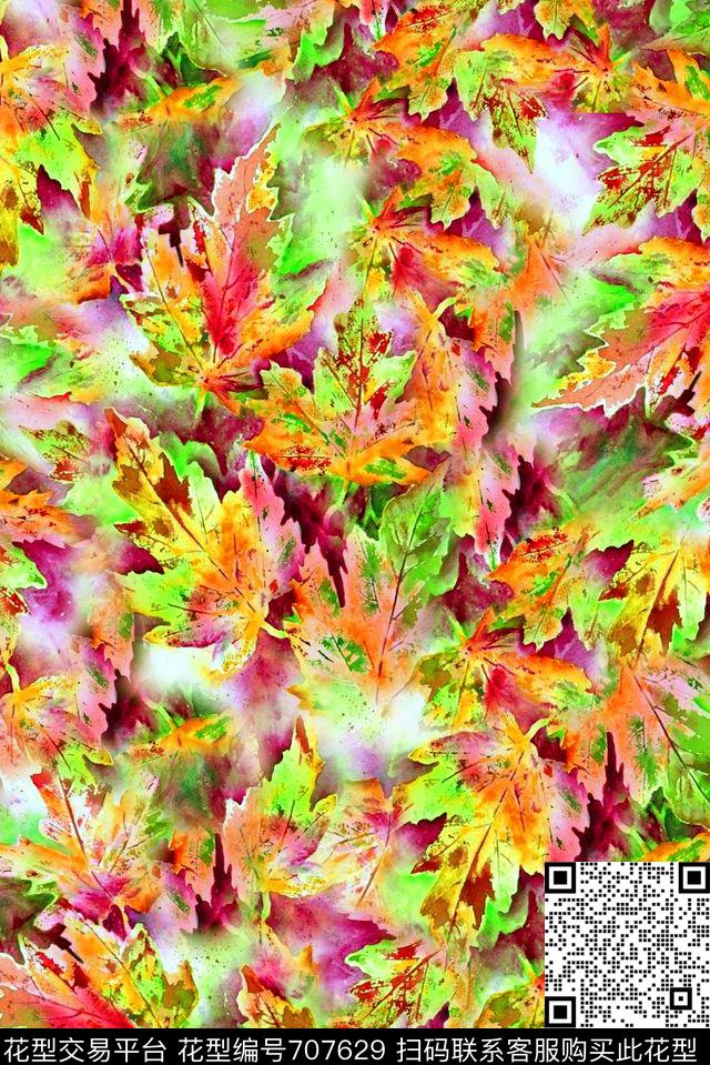 抽象手绘水彩植物叶子数码印花时尚潮流女装裙子春夏艳丽彩绘印花真丝雪纺绵布料印花数码印花华亿平台下载（图片编号: 707629） - 瓦栏（Walan）