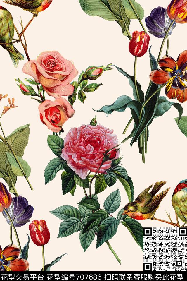 花朵花鸟花卉数码印花华亿平台下载（图片编号: 707686） - 瓦栏（Walan）