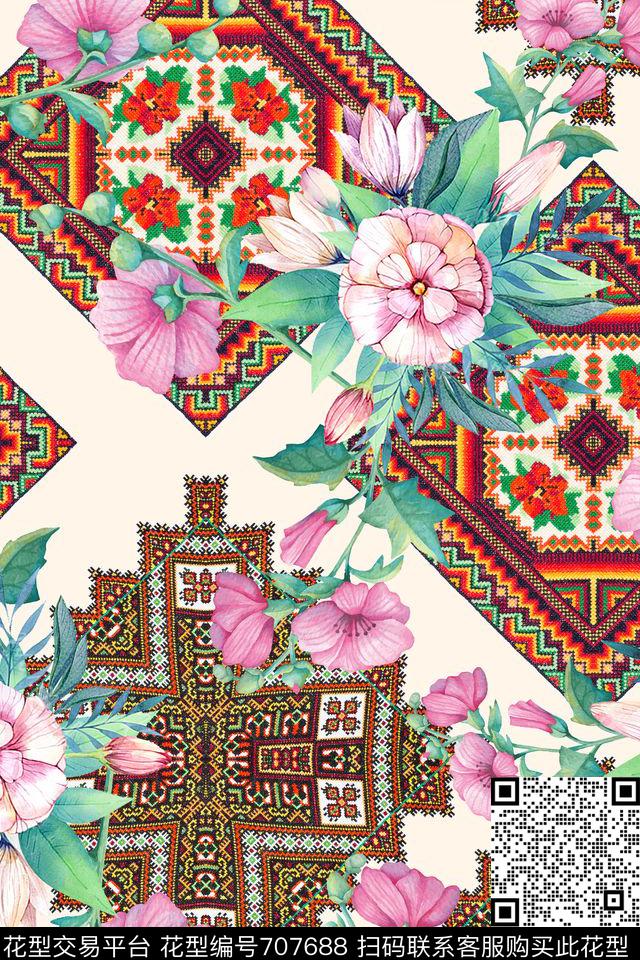 花卉几何民族风数码印花华亿平台下载（图片编号: 707688） - 瓦栏（Walan）