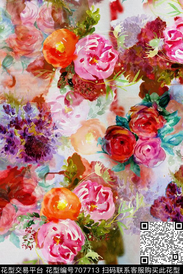 手绘水彩花卉数码印花华亿平台下载（图片编号: 707713） - 瓦栏（Walan）