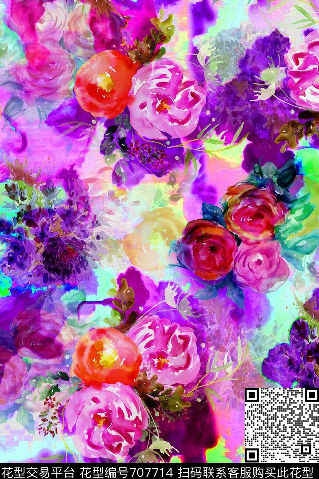 手绘水彩花卉数码印花华亿平台下载（图片编号: 707714） - 瓦栏（Walan）