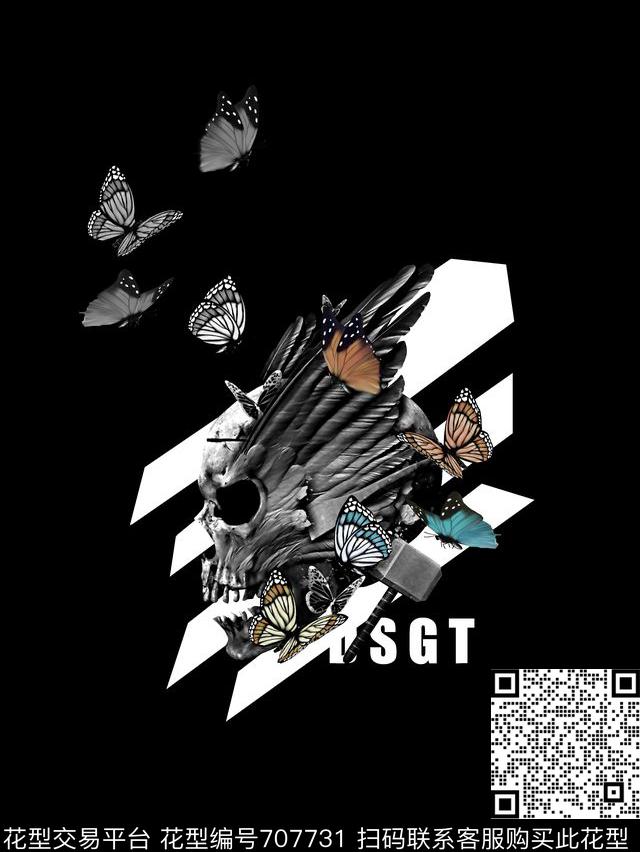 骷髅头蝴蝶男装T恤数码印花华亿平台下载（图片编号: 707731） - 瓦栏（Walan）