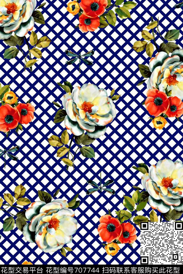 抽象手绘满版花卉最新高清数码水彩花卉格子数码印花华亿平台下载（图片编号: 707744） - 瓦栏（Walan）