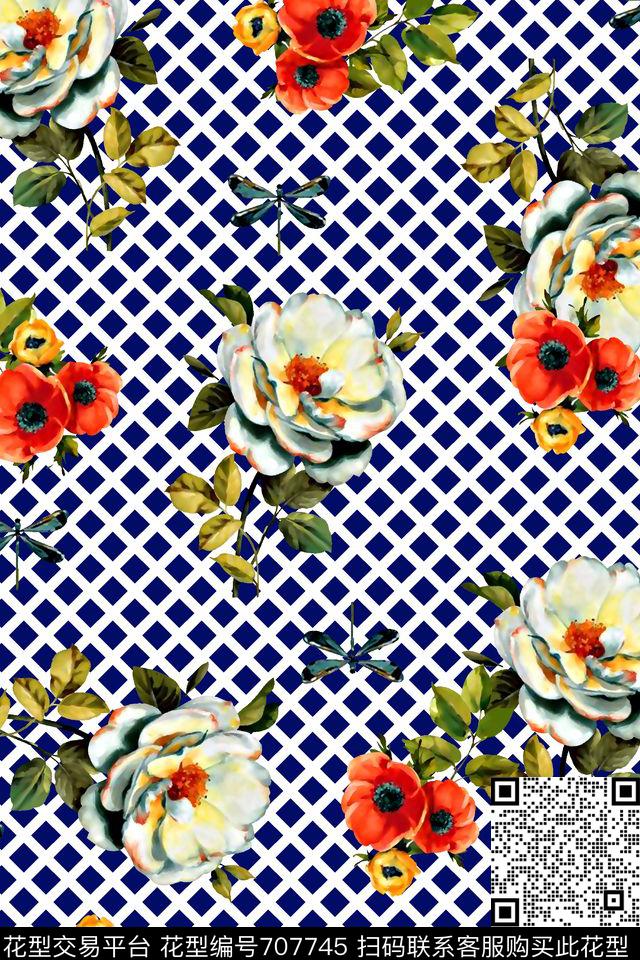 抽象手绘满版花卉最新高清数码水彩花卉格子数码印花华亿平台下载（图片编号: 707745） - 瓦栏（Walan）