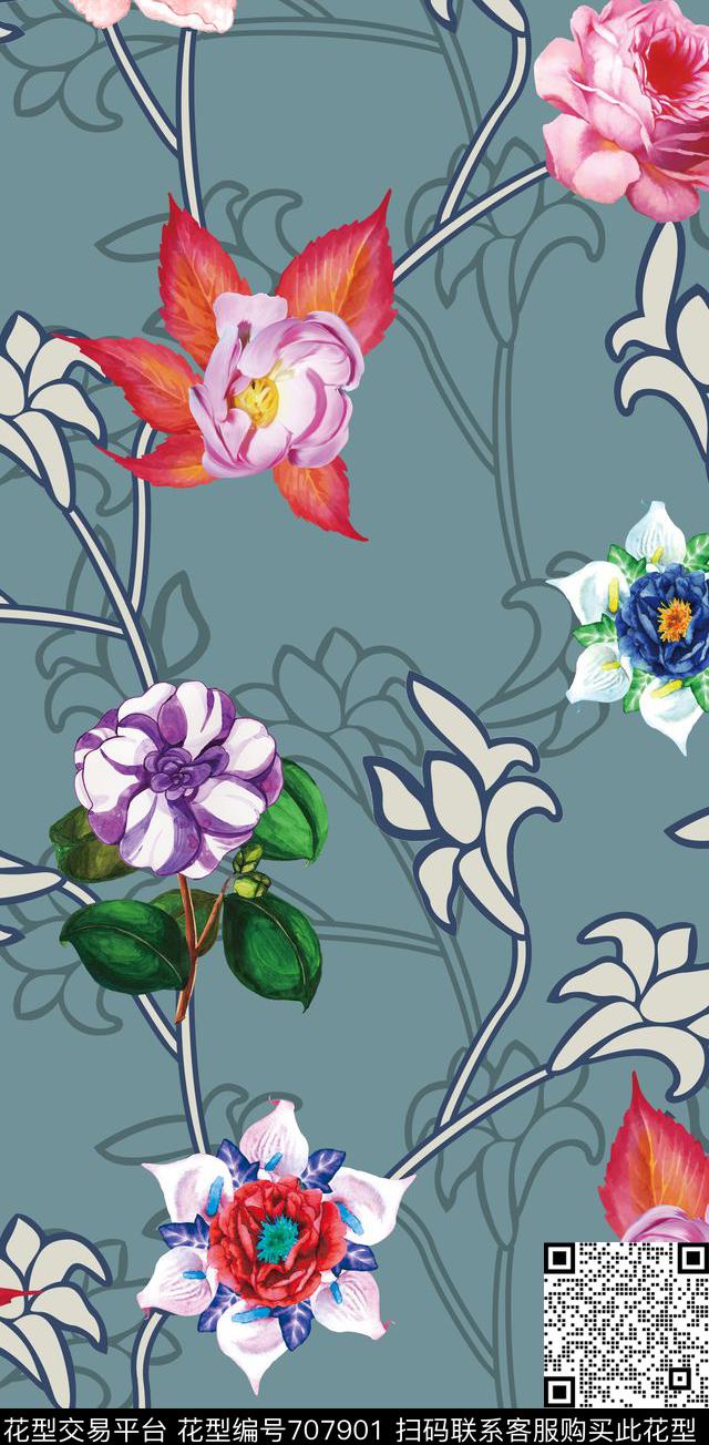 MAX-女装花卉几何线条数码印花华亿平台下载（图片编号: 707901） - 瓦栏（Walan）