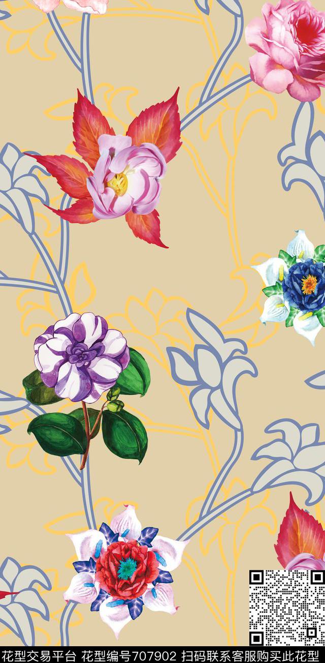 MAX-女装花卉几何线条数码印花华亿平台下载（图片编号: 707902） - 瓦栏（Walan）
