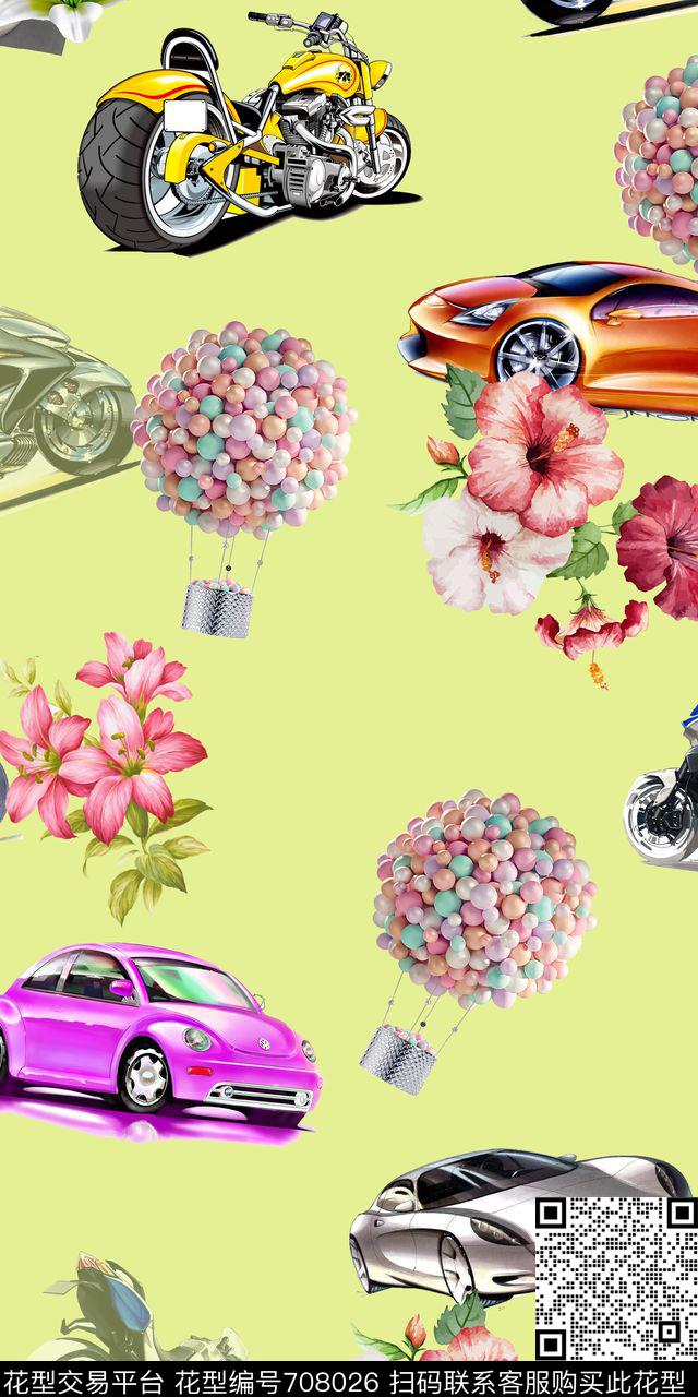 汽车多彩热气球水彩花卉数码印花华亿平台下载（图片编号: 708026） - 瓦栏（Walan）