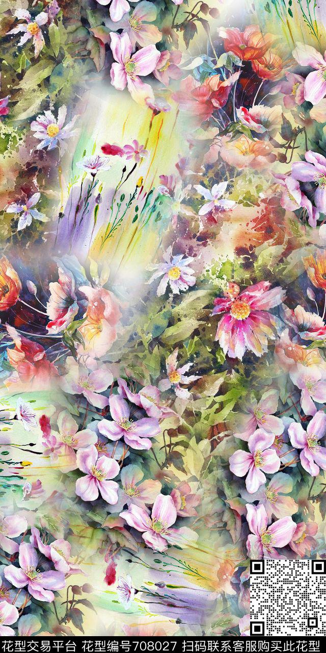 水彩国画花卉多彩数码印花华亿平台下载（图片编号: 708027） - 瓦栏（Walan）