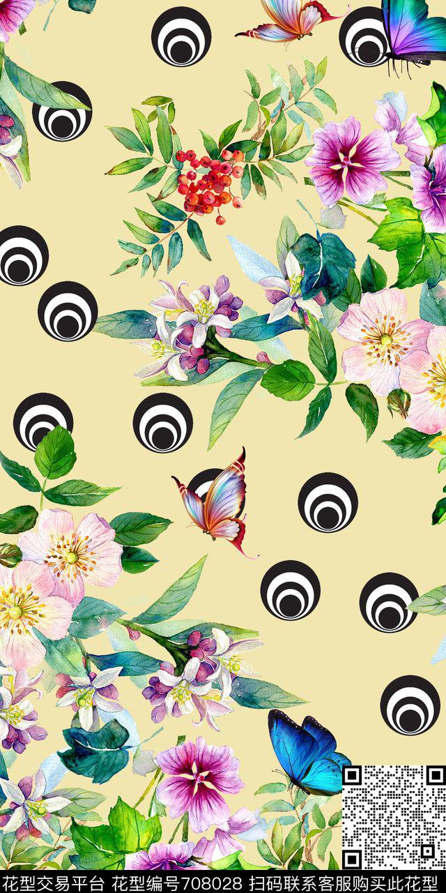 水彩花蝴蝶羽毛波点数码印花华亿平台下载（图片编号: 708028） - 瓦栏（Walan）