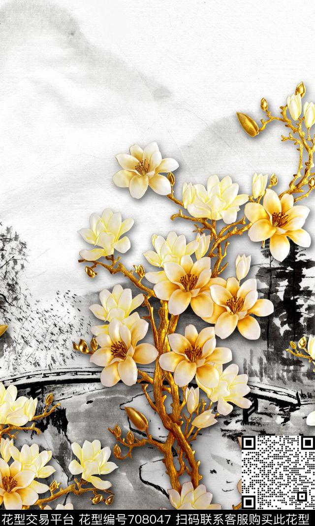 中国风花卉水墨数码印花华亿平台下载（图片编号: 708047） - 瓦栏（Walan）