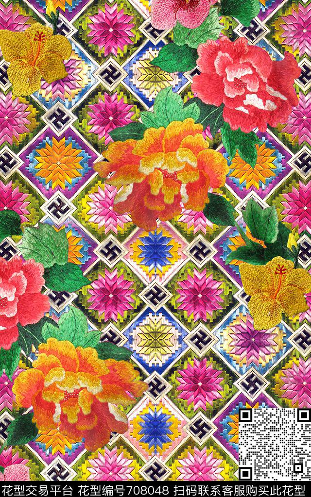 绣花几何格子数码印花华亿平台下载（图片编号: 708048） - 瓦栏（Walan）