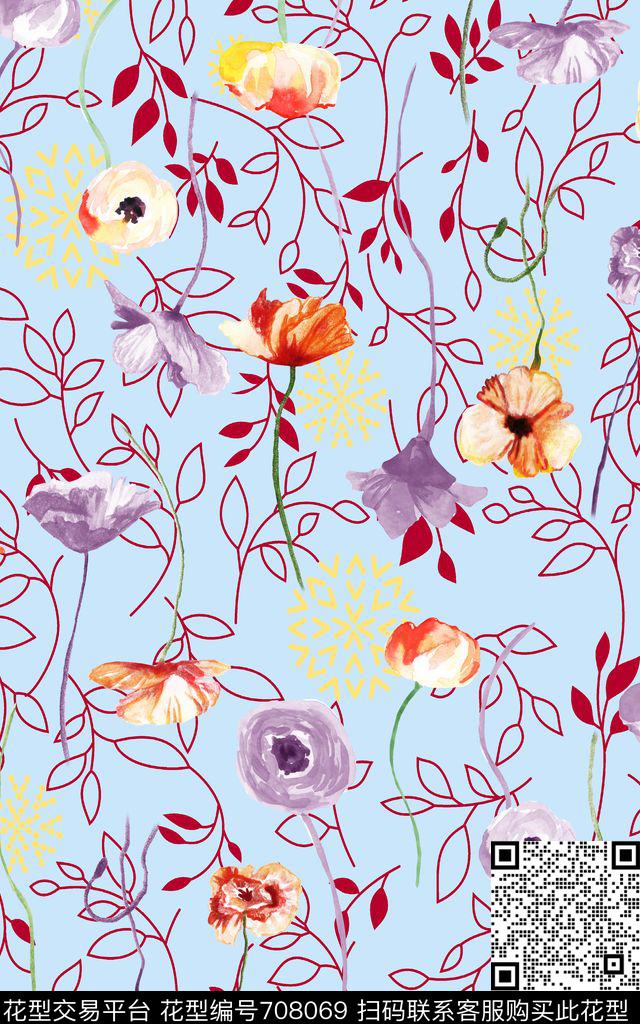 花朵抽象花卉虞美人数码印花华亿平台下载（图片编号: 708069） - 瓦栏（Walan）