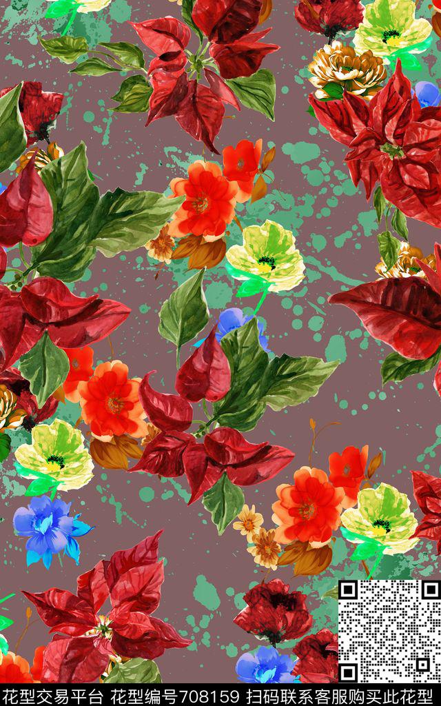 乱花大花花朵数码印花华亿平台下载（图片编号: 708159） - 瓦栏（Walan）