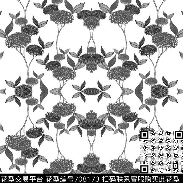大花花卉黑白华亿平台数码印花华亿平台下载（图片编号: 708173） - 瓦栏（Walan）