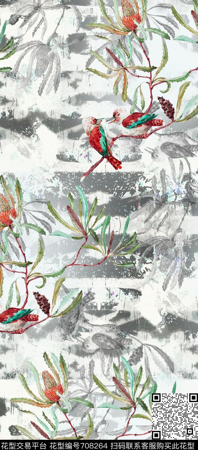 水墨印象中国风花鸟数码印花华亿平台下载（图片编号: 708264） - 瓦栏（Walan）