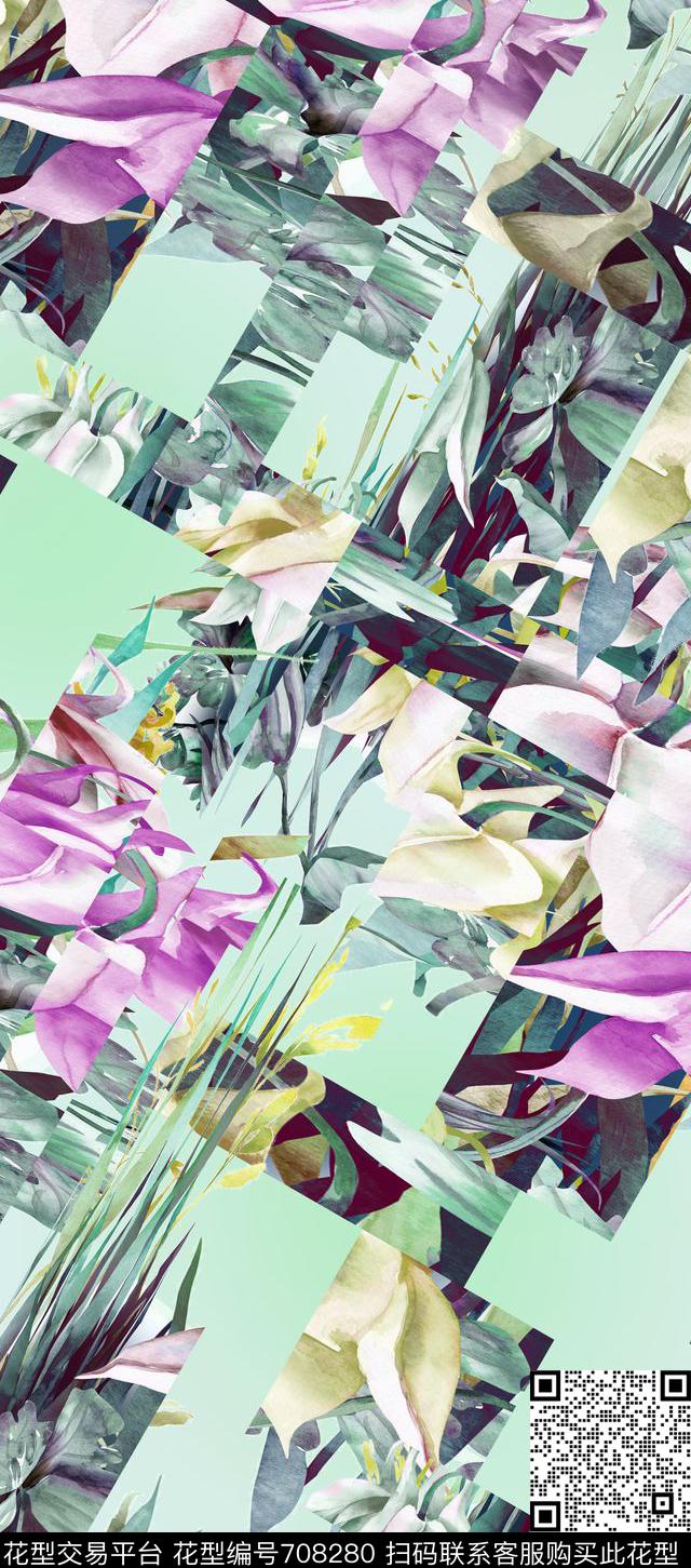 格子切块花卉数码印花华亿平台下载（图片编号: 708280） - 瓦栏（Walan）