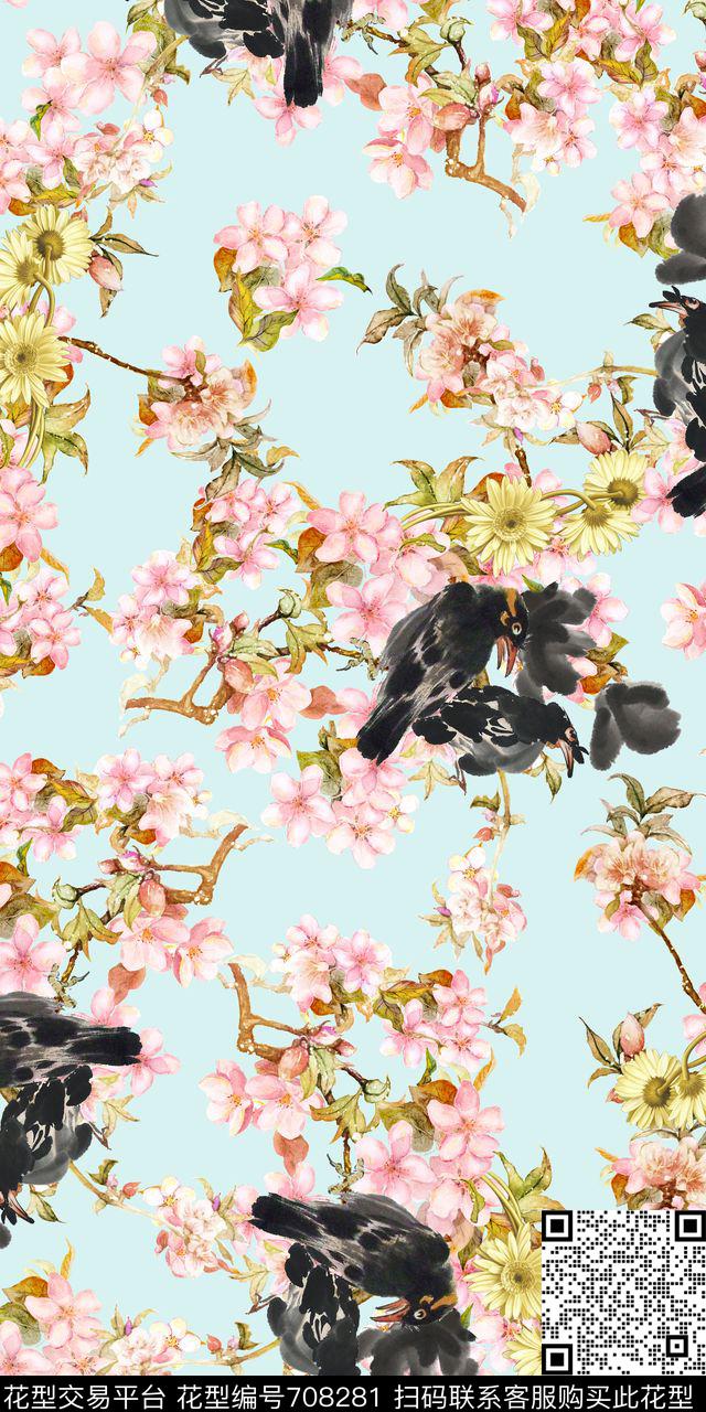 水彩桃花水墨数码印花华亿平台下载（图片编号: 708281） - 瓦栏（Walan）