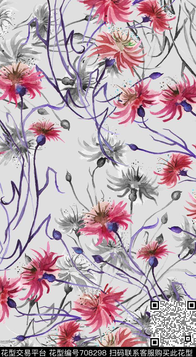 手绘花卉灰色数码印花华亿平台下载（图片编号: 708298） - 瓦栏（Walan）