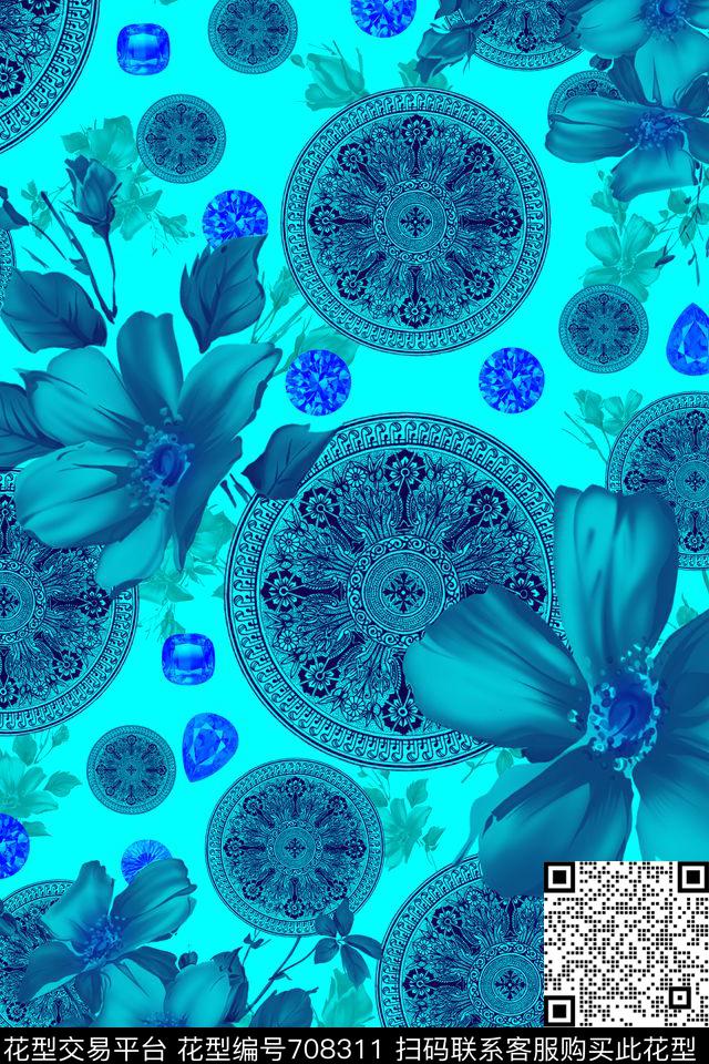 Ethnicsymbolsblue数码印花华亿平台下载（图片编号: 708311） - 瓦栏（Walan）