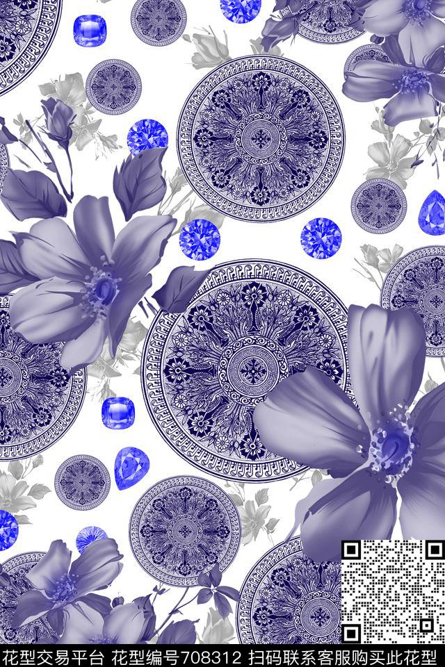 Ethnicsymbolsblue数码印花华亿平台下载（图片编号: 708312） - 瓦栏（Walan）