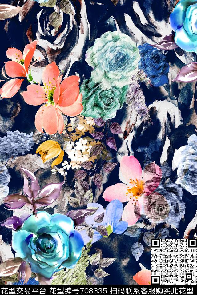 抽象手绘花卉数码印花华亿平台下载（图片编号: 708335） - 瓦栏（Walan）