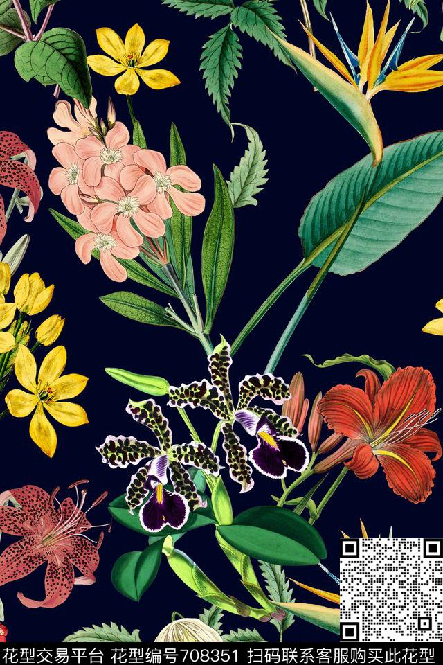 花朵花卉复古数码印花华亿平台下载（图片编号: 708351） - 瓦栏（Walan）