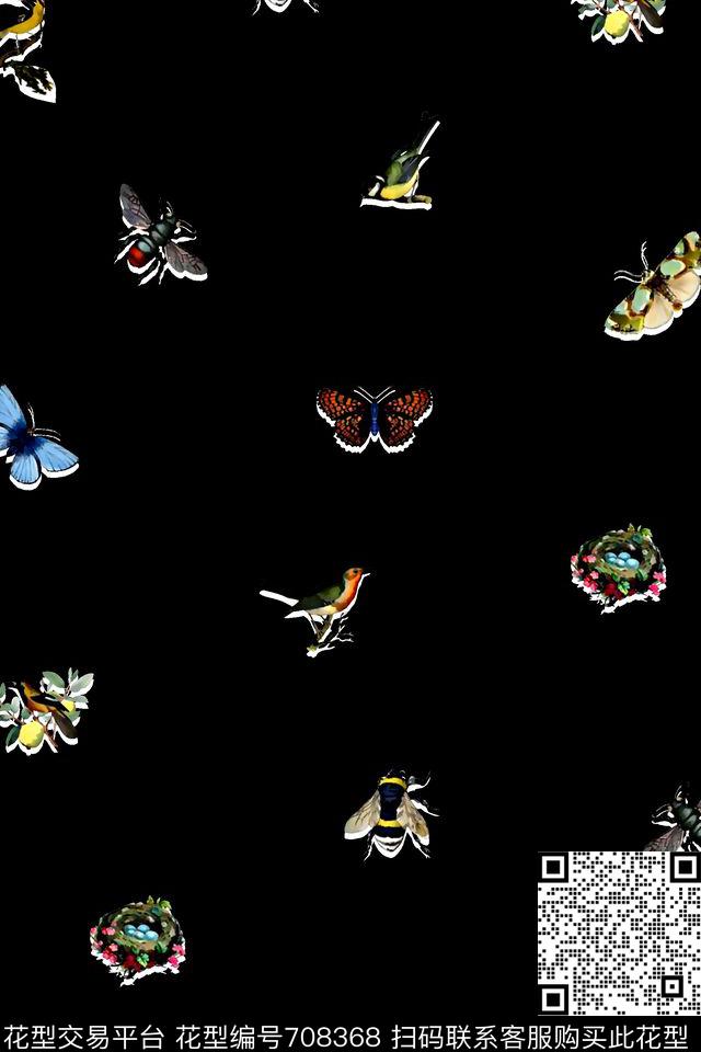 蝴蝶鸟男装花数码印花华亿平台下载（图片编号: 708368） - 瓦栏（Walan）