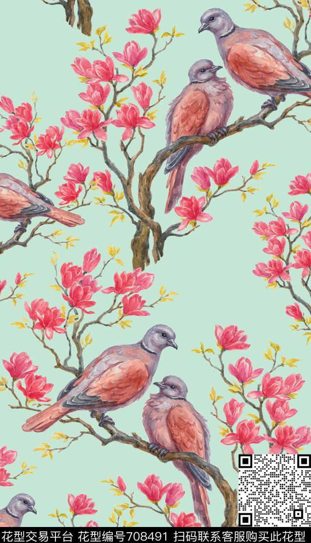 手绘栀子花鸟数码印花华亿平台下载（图片编号: 708491） - 瓦栏（Walan）