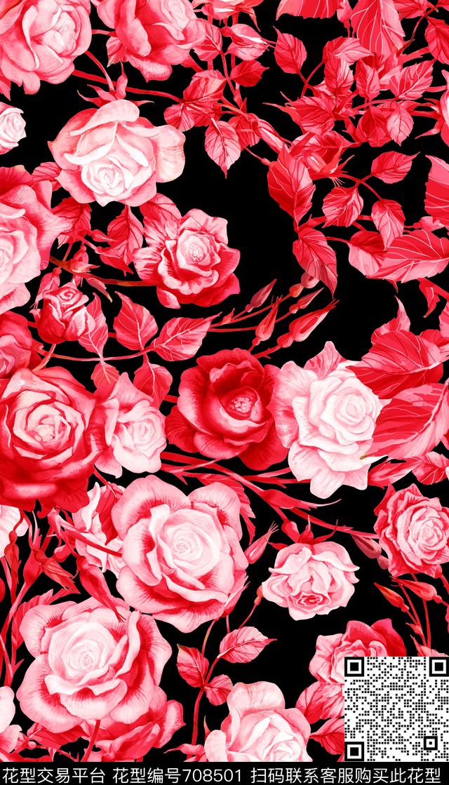 手绘高反差玫瑰数码印花华亿平台下载（图片编号: 708501） - 瓦栏（Walan）