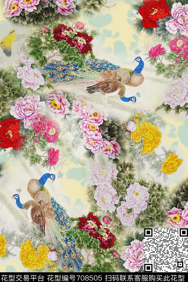 中国风牡丹大花数码印花华亿平台下载（图片编号: 708505） - 瓦栏（Walan）