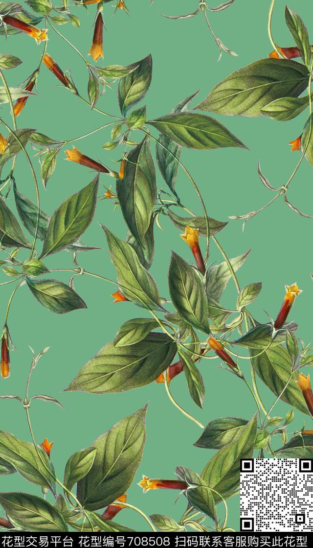 手绘绿叶叶子数码印花华亿平台下载（图片编号: 708508） - 瓦栏（Walan）