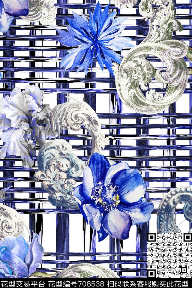欧式卷草巴洛克手绘花卉数码印花华亿平台下载（图片编号: 708538） - 瓦栏（Walan）