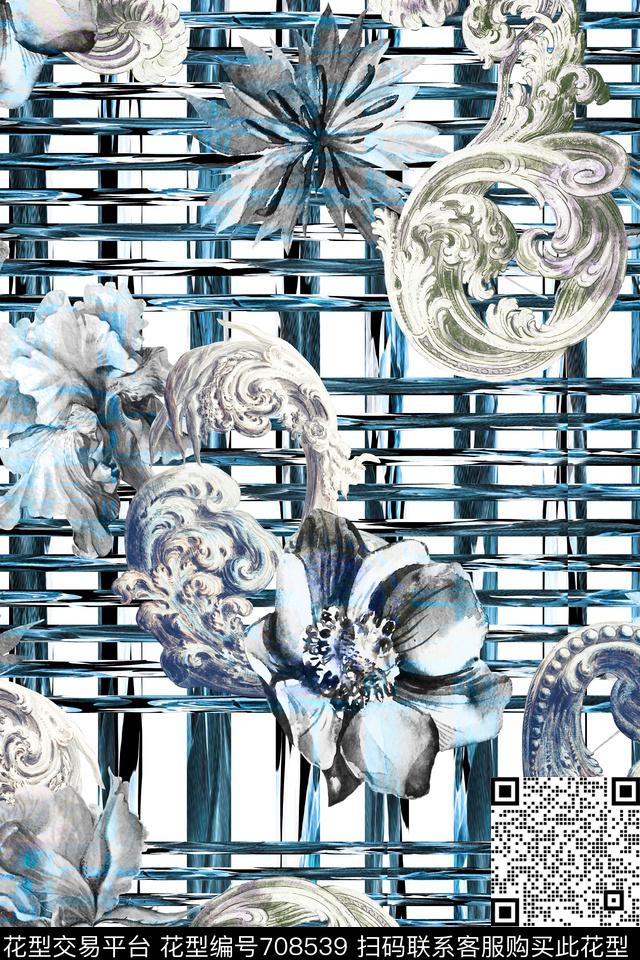 欧式卷草巴洛克手绘花卉数码印花华亿平台下载（图片编号: 708539） - 瓦栏（Walan）