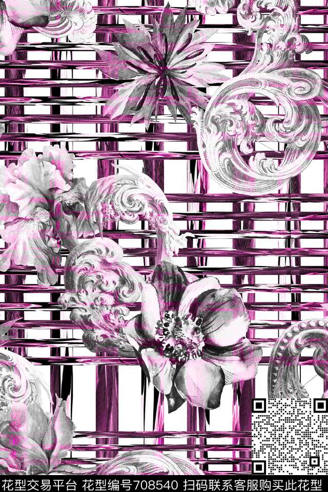 欧式卷草巴洛克手绘花卉数码印花华亿平台下载（图片编号: 708540） - 瓦栏（Walan）