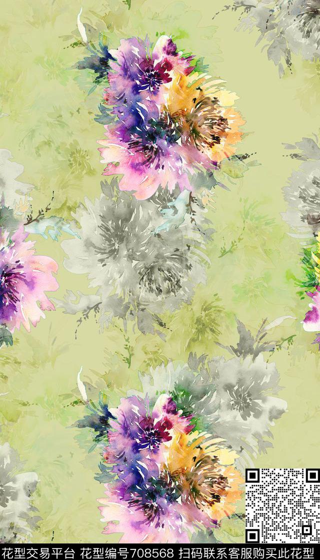 手绘暗纹花卉数码印花华亿平台下载（图片编号: 708568） - 瓦栏（Walan）